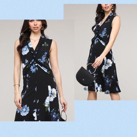 LBISSE FLORAL "TWIST-ACCENT" V-NECK DRESS~BLACK, BLUE, WHITE~SLEEVELESS~LARGE - Picture 1 of 6
